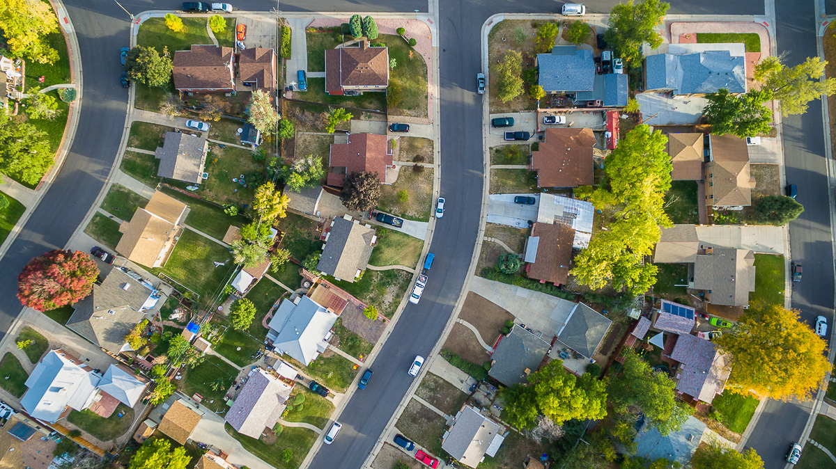 Aerial view of a quiet residential neighbourhood in Oakville — zero-emission electric lawn maintenance